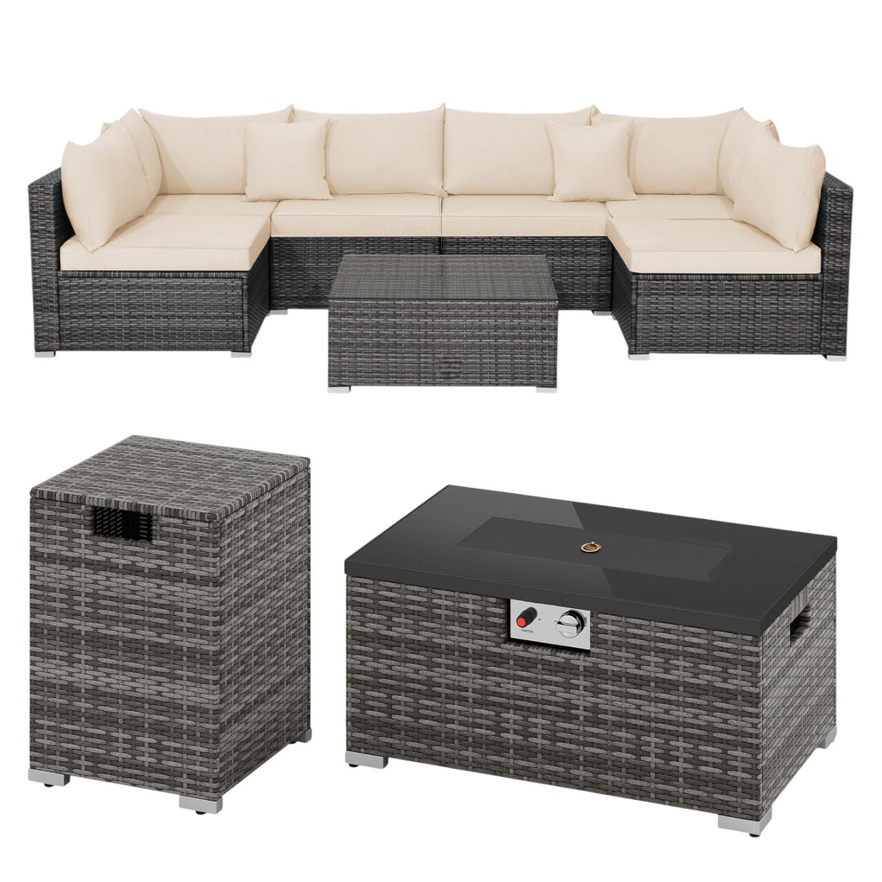9 Piece Mix Grey Rattan Outdoor Sectional Sofa with Beige Cushions and Fire Table